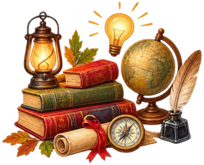 Книги, глобус и лампа